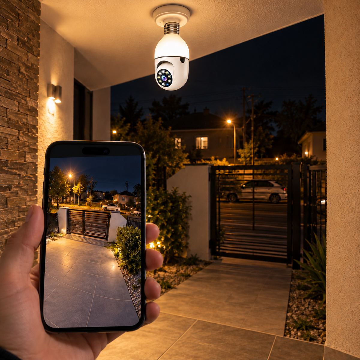 CamLight instalada en la entrada de una casa, con vista en vivo en el celular